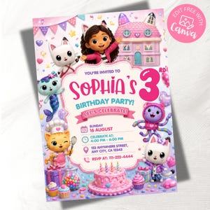 May include: A rectangular birthday party invitation featuring a cartoon girl with cat ears, a pink dollhouse, and several cat characters. The text reads: You're invited to Sophia's 3rd birthday party! Let's celebrate! Sunday 16 August, 4:00 PM - 6:00 PM.