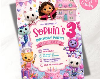 Editable Any Age Gabby's Dollhouse Birthday Invitation, Gabby Dollhouse Party Invite, Girls Birthday Invite, Digital 5x7 Canva Template