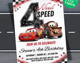 Invitación de cumpleaños de Lightning McQueen para el 4.º cumpleaños, invitación de cumpleaños de Need for Speed Cars, fiesta de cumpleaños infantil, descarga digital editable de Canva 5x7