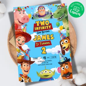 Invitación de cumpleaños editable de Dos al infinito y más allá, invitación para fiesta de Toy Story, invitación de cumpleaños infantil, plantilla de Canva para invitación de segundo cumpleaños
