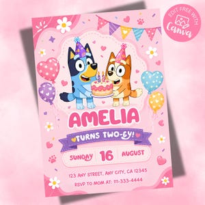 May include: A pink birthday invitation card featuring two cartoon dogs wearing party hats and holding a cake. The text reads AMELIA TURNS TWO-EY! SUNDAY 16 AUGUST, 123 ANY STREET, ANY CITY, CA 12345, and RSVP TO MOM AT: 111-333-4444 with balloons.