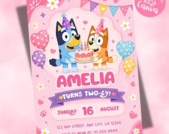 Bearbeitbare Bluey-Geburtstagseinladung (Canva-Vorlage), Bluey-Partyeinladung, druckbare Geburtstagskarte für Kinder, Bluey-Einladung für eine Regenbogen-Gänseblümchen-Mädchenparty