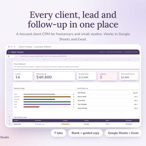 Op de afbeelding: Een digitale spreadsheet-interface genaamd Client Tracker Lavender Edition. Het toont statistieken voor klanten, omzet en pijplijnen, met de tekst Every client, lead and follow-up in one place, 7 tabs en Google Sheets + Excel.