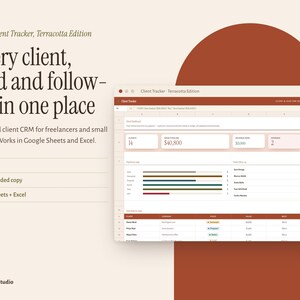 Strumento di monitoraggio clienti Fogli Google Excel / Modello CRM per freelancer stile Boho Terracotta / Pipeline di lead / Database clienti