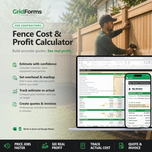 May include: A digital marketing graphic for GridForms Fence Cost & Profit Calculator. It displays a spreadsheet interface on a laptop and smartphone screen, showing project details, cost summaries, and profit margins for fence construction projects.