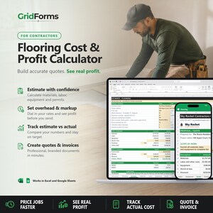 Peut inclure: Un modèle numérique de calcul de coûts et de profits pour le revêtement de sol, compatible avec Excel et Google Sheets, sous la marque GridForms. L'écran affiche une interface de tableur sur ordinateur et smartphone, détaillant les devis.