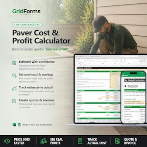 May include: A digital Paver Cost & Profit Calculator spreadsheet template by GridForms displayed on a laptop and smartphone screen. The interface shows project details, cost summaries, and profit margins for contractors using Excel or Google Sheets.