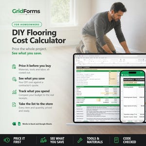 May include: A digital DIY Flooring Cost Calculator by GridForms displayed on a laptop and smartphone screen. The interface shows spreadsheets for project estimation, material costs, and labour. The text includes Price it before you buy.