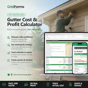 May include: A digital Gutter Cost & Profit Calculator by GridForms displayed on a laptop and smartphone screen. The software interface shows project estimates, cost summaries, and price breakdowns for gutter installation, compatible with Excel and Google Sheets.