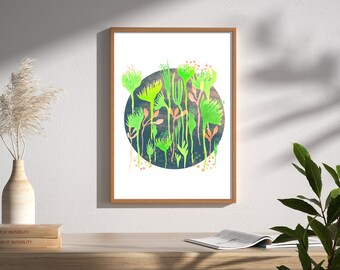 Watercolor floral green and peach Art Print- Wall decor