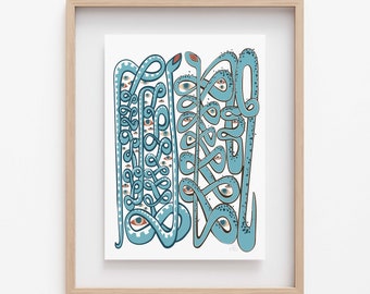 Snakes Eye to Eye Digital illustration- Giclee Art Print-Museum Quality Print-Turquoise Blue