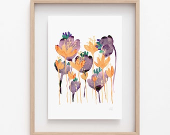 Original Art -Giclee Archival print- watercolor flowers-Bright and cheerful Wall Art-purple and orange