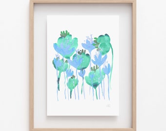 Original Art -Giclee Archival print- watercolor flowers-Bright and cheerful Wall Art-cool colors