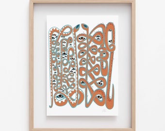 Snakes Eye to Eye Digital illustration- Giclee Art Print-Museum Quality Print-earthy orange