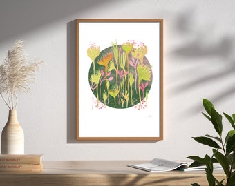 Watercolor floral Green and Pink Art Print- Wall décor