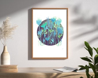 Watercolor floral blue and purple Art Print- Wall décor