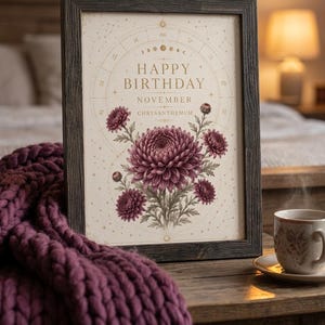 May include: A framed print in a dark wood frame featuring the text HAPPY BIRTHDAY NOVEMBER CHRYSANTHEMUM. The artwork displays a central illustration of deep purple chrysanthemum flowers surrounded by a circular zodiac and celestial star pattern.