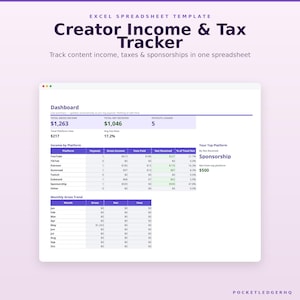 May include: An Excel spreadsheet template titled Creator Income & Tax Tracker. The dashboard displays total gross income, net received, and payouts logged. Tables show income by platform including YouTube, TikTok, Patreon, Gumroad, Twitch, and Substack.