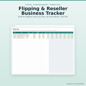May include: An Excel spreadsheet template titled Flipping & Reseller Business Tracker. The document features a Sales Log table with columns for date, item, platform, sale price, shipping, COGS, fees, net profit, margin, and ROI for business tracking.