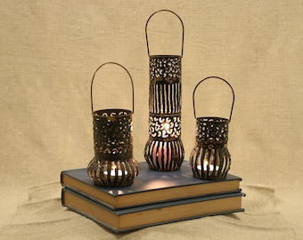 Set of 3 Rustic Metal Candle Lanterns Filigree Hanging Votive Holders Boho Table Decor