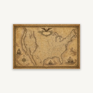 Op de afbeelding: Een landkaart van de Verenigde Staten in vintage-stijl, gedrukt op verouderd, sepia-kleurig papier met een decoratieve rand. De kaart toont gedetailleerde bergketens, een centraal adelaarembleem, een kompasroos en drie zeilschepen.