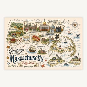 Op de afbeelding: Een kleurrijke geïllustreerde kaart van Massachusetts met bezienswaardigheden zoals het State House, Harvard Yard en Cape Cod. De tekst luidt Greetings from Massachusetts Bay State, met iconen van een lobster roll, clam chowder, een schip en vuurtorens.