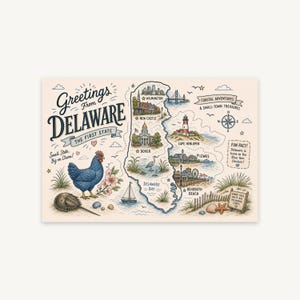Delaware Carte Postale Doodle, Affiche de Voyage Imprimable, Art Mural Etat Americain, Cadeau Cremaillere, Telechargement Numerique