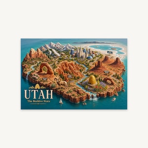 Wydruk pocztówki Utah Mini World, trójwymiarowa mapa stanu Beehive, dekoracja ścienna w stylu izometrycznym, prezent z rodzinnego miasta, pobieranie cyfrowe