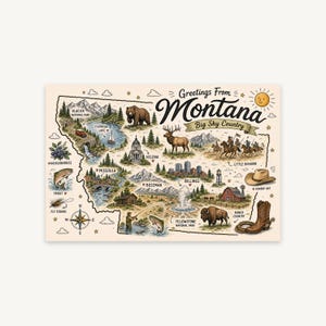 Montana Doodle Map Wall Art, Big Sky Country Illustrated Print, Glacier Yellowstone Travel Poster, Rustic Cabin Decor Printable Gift