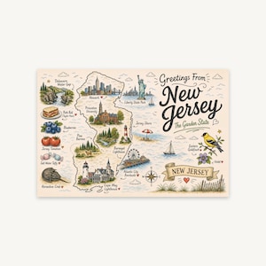 New Jersey Doodle Map Wall Art, Garden State Illustrated Print, Jersey Shore Travel Poster, Coastal Home Decor Printable Gift
