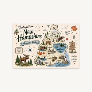 Mapa ilustrado de New Hampshire: Granite State, White Mountains, Winnipesaukee, descarga digital