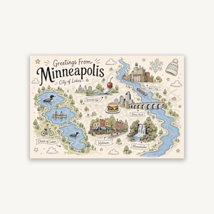 May include: A rectangular postcard featuring a map illustration titled Greetings From Minneapolis City of Lakes. The design includes landmarks like Spoonbridge, Mill City, Stone Arch, Uptown, and Minnehaha, alongside a canoe, a bicycle, and a winter hat.