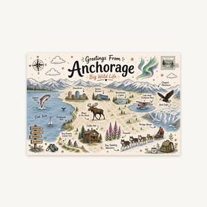 Anchorage Doodle Map Postcard Print, Hand Drawn Alaska Range Art, Printable Travel Decor, Last Frontier Gift, Digital Download
