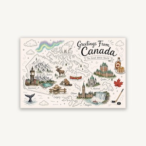 Peut inclure: Une carte postale rectangulaire illustrant une carte du Canada avec le texte Greetings From Canada The Great White North. Les dessins incluent un ours polaire, des montagnes, un orignal, un castor, un canoë, une feuille d'érable et divers monuments.