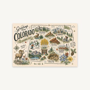 Colorado Doodle Map Postcard Print, Hand Drawn Map Decor, Printable Travel Wall Art, Travel Memory Gift, Instant Digital Download