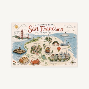 Può includere: Una cartolina rettangolare intitolata Greetings From San Francisco The City by the Bay con una mappa illustrata dei monumenti di San Francisco, tra cui il Golden Gate Bridge, Lombard Street, un tram, Chinatown e le Painted Ladies.