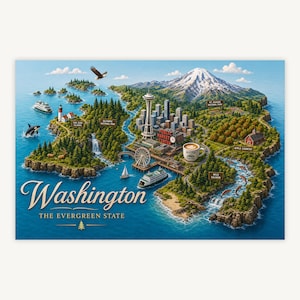 Puede incluir: Un mapa ilustrado a color del estado de Washington con la Space Needle, el monte Rainier, una taza de café, una orca, un águila calva y ferris. El texto dice Washington The Evergreen State, con etiquetas para Olympic National Park, Mt. Rainier y Wild Salmon.