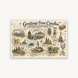 May include: A rectangular illustrated map titled Greetings From Czechia Land of a Hundred Spires. It features landmarks, a beer mug, a marionette, a deer, grapes, and a crystal glass, with labels for Karlovy Vary, Prague, Plzen, Vltava, Krumlov, Sumava, Brno, Olomouc, Moravia, and Crystal.