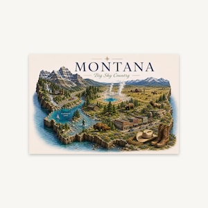 Montana Mini World Map Postcard Print, Big Sky Country 3D Island Wall Art, Printable Travel Decor, Hometown Gift, Digital Download