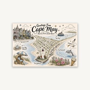 Cape May Doodle Map Print, Hand Drawn Victorian Beach Wall Art