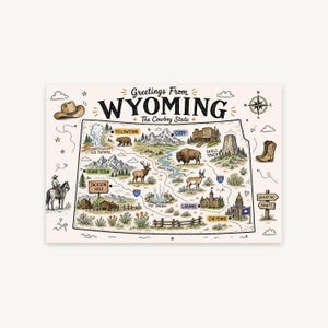 Wyoming Doodle Map Postcard Print, Hand Drawn State Map Art, Printable Travel Decor, Travel Memory Gift, Instant Digital Download