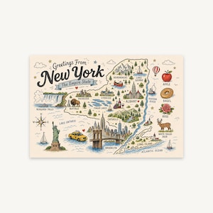 New York Doodle Map Print, Empire State Illustrated Wall Art, NYC Niagara Travel Poster, Apartment Gallery Wall Printable
