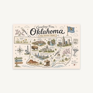 Oklahoma geillustreerde kaart: Sooner State, Oklahoma City, Tulsa, Route 66, digitale download