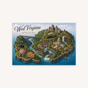 West Virginia Cartolina Mini Mondo Poster, Mappa Isometrica 3D, Stampa da Viaggio Stampabile, Download Digitale