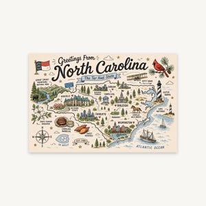 North Carolina Doodle Map Wall Art, Tar Heel State Illustrated Print, Outer Banks Asheville Travel Poster, New Home Gift Printable