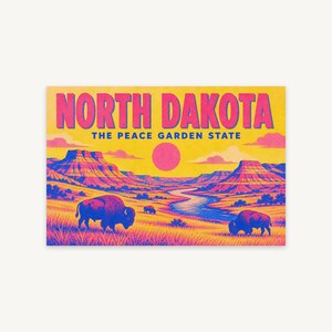 Lámina Risograph de North Dakota, Póster Retro Dos Colores Badlands, Arte Mural Peace Garden State, Regalo Rancho, Descarga Digital