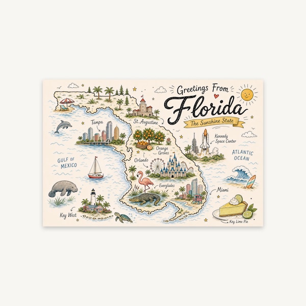 Florida Doodle Map Postcard Print, Whimsical State Map Wall Art, Printable Travel Decor, Housewarming Gift, Instant Digital Download