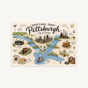 Peut inclure: Une carte postale rectangulaire illustrant une carte de Pittsburgh avec le texte Greetings From Pittsburgh City of Bridges. Le dessin montre les rivières Ohio, Allegheny et Monongahela, des ponts, un stade, une aciérie, un sandwich et un bateau.