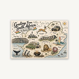 Pode incluir: Um cartão-postal retangular com um mapa da África do Sul e o texto Greetings From South Africa The Rainbow Nation. As ilustrações incluem um springbok, um veículo de safari, um leão, uma flor protea, pinguins, uma cauda de baleia e uma grelha.