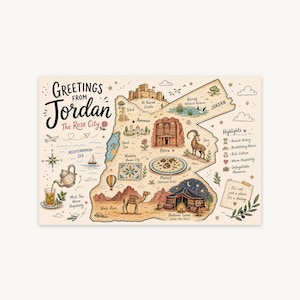 May include: A decorative map print titled Greetings from Jordan The Rose City, featuring illustrations of Petra, a camel in Wadi Rum, a Bedouin camp, Mansaf, an ibex, and Al Karak Castle, with a list of highlights and a note saying It's not just a place, it's a feeling.